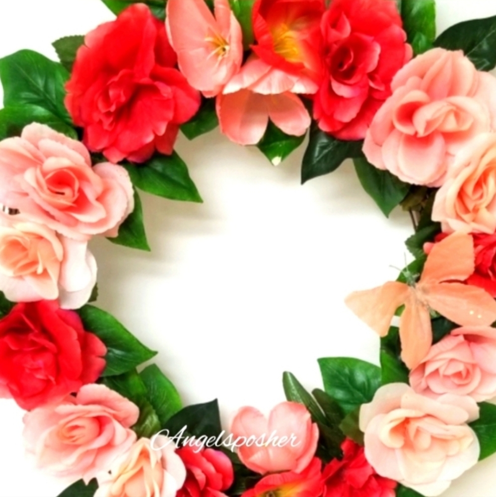 Red And Peach Roses With Butterfly Visit Wreath